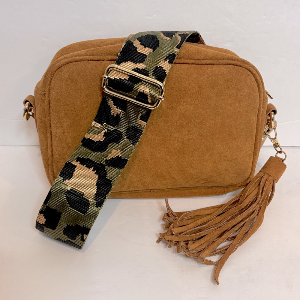 Ah-dorned Tan Faux Suede Leather Zip Top Crossbody Leopard Guitar Strap Bag